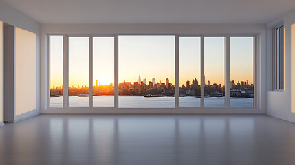 Wall Mural - Empty white new york apartment room studio have sunset view from window architecture cityscape building.