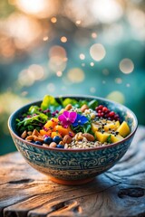 Poster - colorful fruit and nut salad served in an ornate bowl amidst a blurred nature background during gold