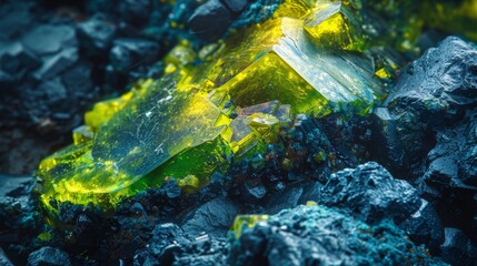 Poster - A striking yellow crystal lies atop rough, dark rocks, glimmering under light. The vibrant color contrasts beautifully with the textures and colors of the surrounding minerals.