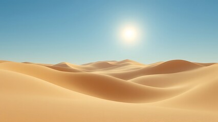 a minimalist illustration of a desert landscape under a clear blue sky with a bright sun and undulat