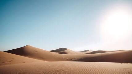 a minimalist illustration of a desert landscape under a clear blue sky with a bright sun and undulat