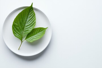 Canvas Print - A minimalistic arrangement of fresh plantain leaves on a white plate against a plain background