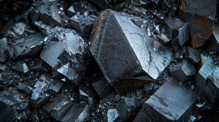 Fototapete - Large black crystals are clustered together, showcasing unique geometric shapes and surfaces that reflect light, emphasizing their natural beauty in a mineral rich area.