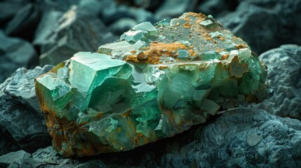 Poster - A striking green mineral specimen is positioned among dark gray rocks, showcasing its unique crystalline structure and vibrant color in a natural environment.