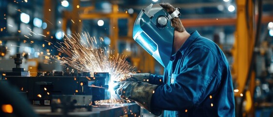 Poster - A man in a blue shirt is working on a piece of machinery