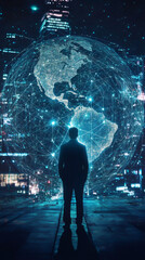 Poster - Businessman standing in front of America map and global network, concept of global business and communication