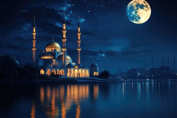Wall Mural - Mosque at Night with Full Moon