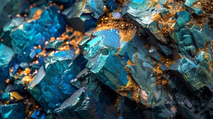 Poster - Bright blue and shimmering golden minerals cluster together, revealing detailed textures and formations in a stunning geological specimen found underground, showcasing nature's artistry.