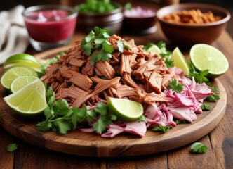 Wall Mural - Cochinita Pibil on a wooden platter garnished with fresh cilantro and lime wedges, red sauce, plate