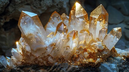 Poster - Beautiful cluster of quartz crystals with golden highlights glimmers softly, showcasing their intricate formations and textures against a natural background.