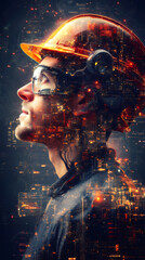 Poster - Double exposure portrait of a construction worker with augmented reality glasses and a hardhat, visualizing a futuristic cityscape