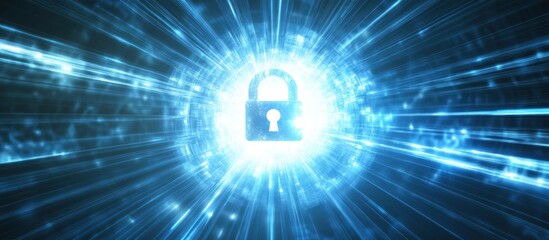 Poster - Abstract Blue Light Burst with Security Padlock Symbol Centralized