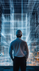 Poster - Architect wearing safety helmet looking at futuristic hologram of 3d building projection at night