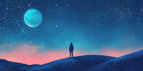 Wall Mural - Astronaut stands beneath a moonlit starry night gazing upwards