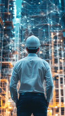 Aufkleber - Engineer wearing safety helmet looking at building construction site with network connections, concept of smart city and internet of things