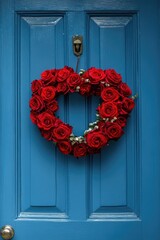 Poster - Heart Shaped Wreath on Blue Door