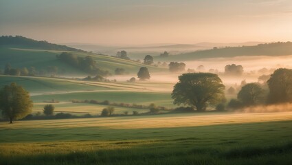 Wall Mural - morning mist blankets rolling hills in a serene countryside landscape during sunrise