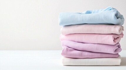 Aufkleber - Delicate pastel cotton clothes are artistically arranged in a stack, showcasing gentle hues of blue, pink, and lavender against an airy, white backdrop that evokes tranquility and elegance