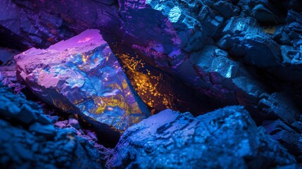 Fototapete - A crystal formation sits amid rough rocks, glowing with vibrant colors. The light creates a captivating contrast with the dark surroundings, highlighting the textures and patterns.