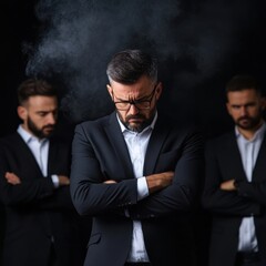 Fototapete - Three men in suits are standing together in a room with a lot of smoke