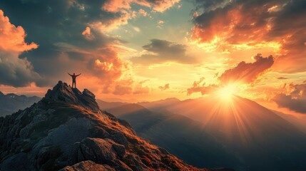 Wall Mural - Person standing on top of mountain at sunset