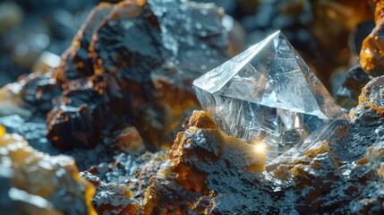 Poster - A clear crystal sits prominently on a bed of rocky terrain, illuminated by natural light, highlighting the intricate textures and colors of the surrounding minerals during daylight.
