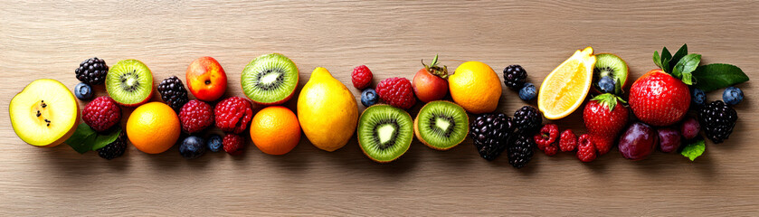 Wall Mural - A vibrant array of fresh fruits, including berries, citrus, and kiwi, arranged neatly on a wooden surface, showcasing their colors and textures.