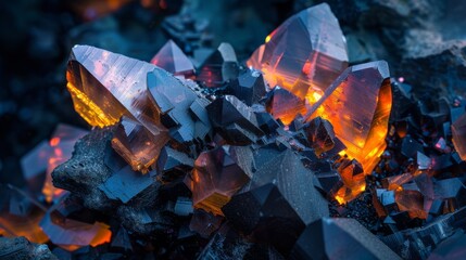 Fototapete - Sparkling mineral crystals display a stunning array of colors, reflecting light in a dark, rocky environment. Their sharp angles and glimmers create an enchanting natural spectacle.