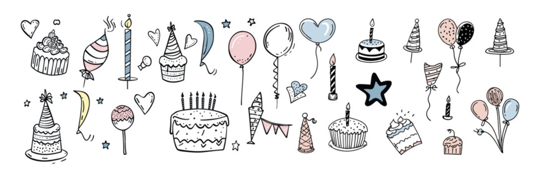 Birthday doodle icon, hand-drawn sketch, cake, balloon, party decoration, event celebration, carnival, vector illustration, festive, happy birthday, fun party, event design