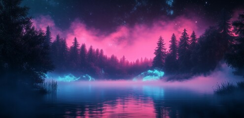 Wall Mural - Vibrant night sky reflecting on tranquil lake surrounded by trees in a mystical atmosphere