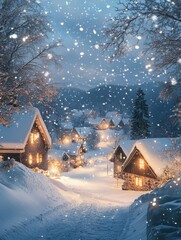 Canvas Print - Snowy Night Village Background