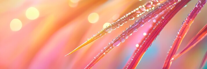 Poster - Tiny dew drops cling to colorful plant leaves, catching the soft sunlight and creating a beautiful, vibrant scene of nature's delicate beauty