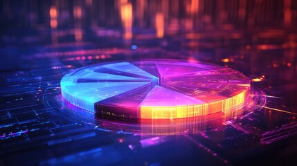 Fototapete - An artistic representation of a D pie chart with glowing, semi-transparent segments and dynamic lighting effects, emphasizing data visualization in a futuristic style.