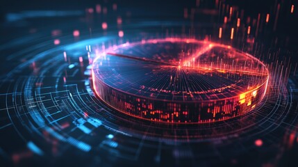 Fototapete - An artistic representation of a D pie chart with glowing, semi-transparent segments and dynamic lighting effects, emphasizing data visualization in a futuristic style.