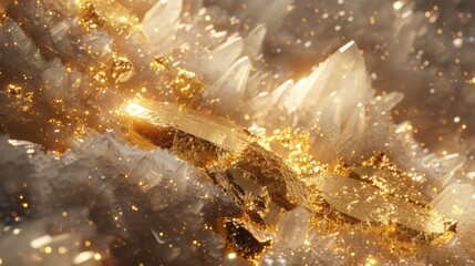 Fototapete - Golden crystals glisten amidst a backdrop of brilliant mineral formations in a vibrant underground cave, showcasing natural beauty illuminated by soft light