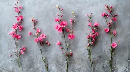 Wall Mural - Several sprigs of pink blossoms are presented against gray backdrop