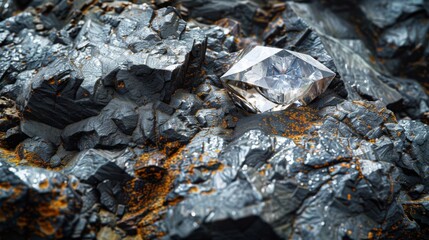 Poster - A stunning diamond is nestled among dark, jagged rocks with earthy tones, glistening in the warm light of sunset, highlighting its brilliance amidst the rough terrain.