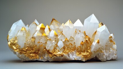 Poster - A stunning cluster of quartz crystals featuring bright golden tips is arranged elegantly on a simple gray surface, showcasing natures intricate beauty and craftsmanship.