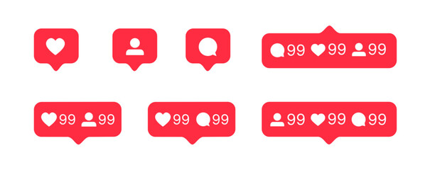 red heart-like notification, new message bubble, and friend request quantity number icons. social ne