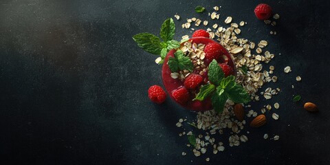 Wall Mural - Oatmeal with raspberries and mint