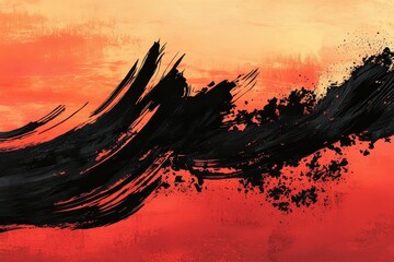 Poster - Dynamic black brushstrokes overlay a warm vibrant abstract background