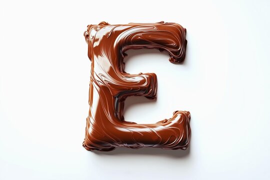 Letter E designed with flowing cocoa texture isolated on white background