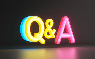 Poster - Neon Q&A sign with vibrant neon lights illuminating the letters Q and A. Glowing neon Q&A letters with pink yellow and blue colors on dark background. Q&A neon sign