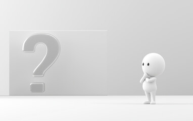 Fototapete - Thinking figure looking at question mark on white background. Thoughtful figure contemplates question in a clean minimalist style. Question mark and thinking figure