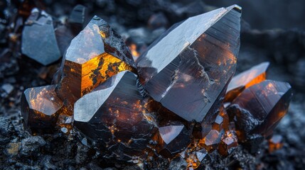 Fototapete - Vivid clusters of sparkling crystals display intricate geometric shapes and warm orange tones, creating a stunning contrast against a dark mineral background in a natural setting.