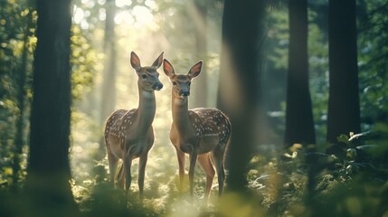 Poster - Two young deer are standing in a sunlit forest at dawn, surrounded by lush green vegetation and tall trees, creating a serene and peaceful atmosphere