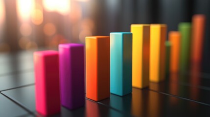 Fototapete - A high-resolution image of a D bar chart with vibrant, colored bars ascending against a sleek, modern background, showcasing data trends and comparisons.