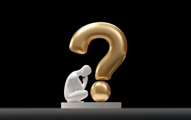 Fototapete - Person contemplating question mark in 3D rendering. Emotional reflection with question mark. Conceptual illustration of a person in doubt