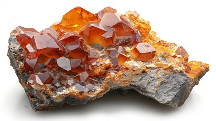 Poster - A striking collection of crimson crystals glistening on a rough rock surface, showcasing unique shapes and vibrant colors, found in a geological location known for its rich mineral deposits.