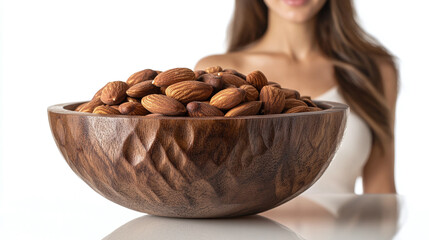 Wall Mural - Almonds in a wooden bowl, food collection isolated on a white background.